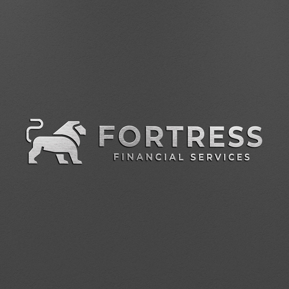 Fortress Financial Services brushed silver lobby logo on a dark gray wall.